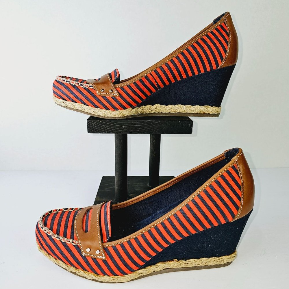 Dr. Scholl's Brilliant Red & Blue Striped Leather Fabric Wedges Shoes 8.5M - Picture 2 of 8